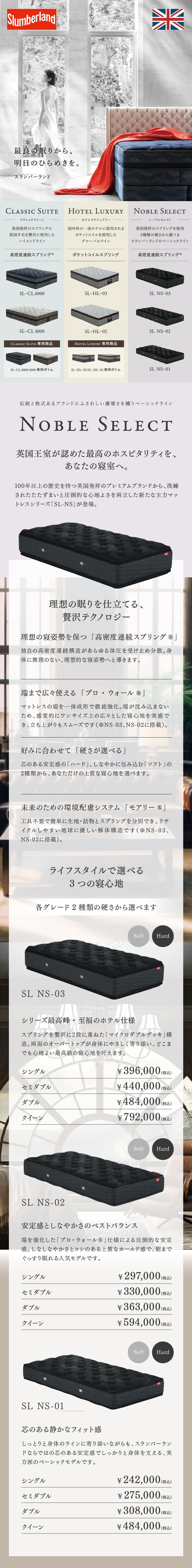 スランバーランドの高級マットレスシリーズ「NOBLE SELECT（ノーブルセレクト） SL-NS」の紹介